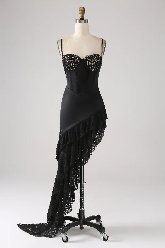 Cocktail dresses with a wrap - around style and a belted waistAsymmetrical Black Spaghetti Straps Prom Dress with Ruffles Cocktail dresses with a wrap - around style and a belted waistAsymmetrical Black Spaghetti Straps Prom Dress with Ruffles