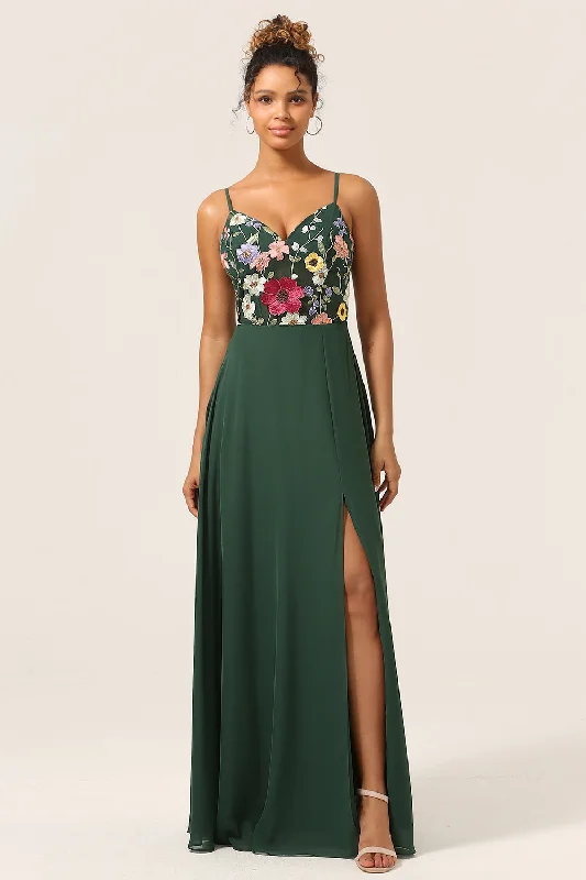 Wedding guest dresses with fringe accents for a bohemian - inspired weddingBeauty A-Line Spaghetti Straps Dark Green Long Bridesmaid Dress with 3D Flowers Wedding guest dresses with fringe accents for a bohemian - inspired weddingBeauty A-Line Spaghetti Straps Dark Green Long Bridesmaid Dress with 3D Flowers