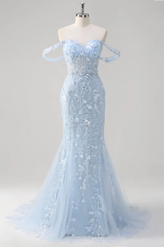 Cocktail dresses with an abstract print and a high - low hemlineBlue Mermaid Off the Shoulder Sequin Floral Corset Prom Dress Cocktail dresses with an abstract print and a high - low hemlineBlue Mermaid Off the Shoulder Sequin Floral Corset Prom Dress