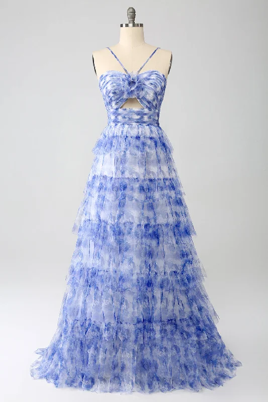Sheath cocktail dresses in blush pink for a romantic lookBlue Printed A Line Tiered Hollow-out Long Prom Dress Sheath cocktail dresses in blush pink for a romantic lookBlue Printed A Line Tiered Hollow-out Long Prom Dress