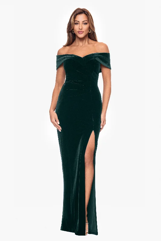 Satin - lined cocktail dresses with a lace outer layer"Charmaine" Long Off the Shoulder Velvet Gown Satin - lined cocktail dresses with a lace outer layer"Charmaine" Long Off the Shoulder Velvet Gown