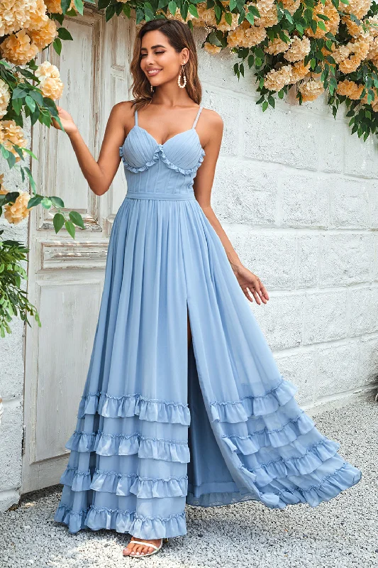 One - shoulder wedding guest dresses with beaded detailsCharming A Line Spaghetti Straps Dusty Blue Long Bridesmaid Dress with Criss Cross Back One - shoulder wedding guest dresses with beaded detailsCharming A Line Spaghetti Straps Dusty Blue Long Bridesmaid Dress with Criss Cross Back