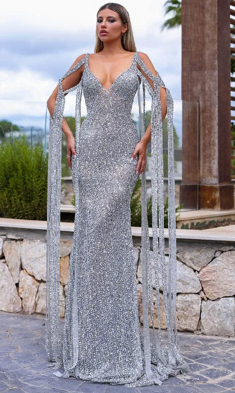 Maxi wedding guest dresses with floral prints for summer weddingsChic and Holland HF110378 - Fringed Sleeve V-Neck Evening Dress Maxi wedding guest dresses with floral prints for summer weddingsChic and Holland HF110378 - Fringed Sleeve V-Neck Evening Dress