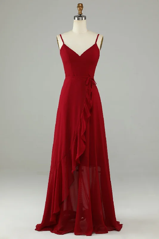 Wedding guest dresses with empire waists and tulle skirtsChiffon Burgundy Spaghetti Straps Long Bridesmaid Dress with Ruffles Wedding guest dresses with empire waists and tulle skirtsChiffon Burgundy Spaghetti Straps Long Bridesmaid Dress with Ruffles