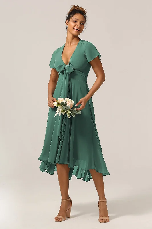 Wedding guest dresses with pom - pom trims for a playful lookChraming A Line V-Neck Short Sleeves Eucalyptus Bridesmaid Dress With Bow