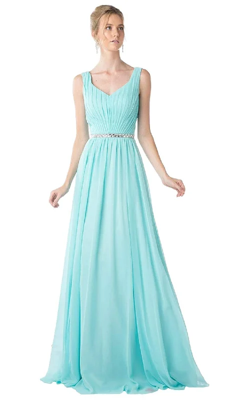 Wedding guest dresses with high - low hems and floral appliquesCinderella Divine - Sleeveless Pleated V-Neck Bodice A-Line Gown Wedding guest dresses with high - low hems and floral appliquesCinderella Divine - Sleeveless Pleated V-Neck Bodice A-Line Gown
