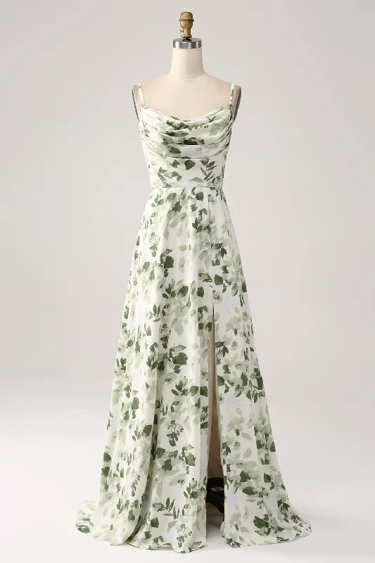 Mini cocktail dresses with a ruffled hem and a solid colorCowl Neck Green Floral A Line Prom Dress with Slit Mini cocktail dresses with a ruffled hem and a solid colorCowl Neck Green Floral A Line Prom Dress with Slit