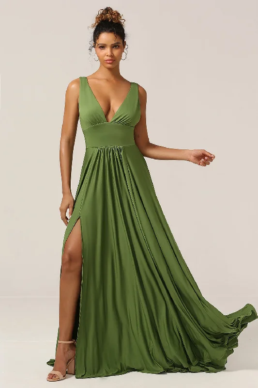 Wedding guest dresses with tiered skirts for a feminine lookElegant A Line Olive Deep V-neck Sleeveless Long Bridesmaid Dress Wedding guest dresses with tiered skirts for a feminine lookElegant A Line Olive Deep V-neck Sleeveless Long Bridesmaid Dress