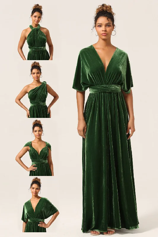 A - line cocktail wedding guest dresses in pastel colorsElegant A Line V Neck Dark Green Covertible Wear Velvet Long Bridesmaid Dress A - line cocktail wedding guest dresses in pastel colorsElegant A Line V Neck Dark Green Covertible Wear Velvet Long Bridesmaid Dress