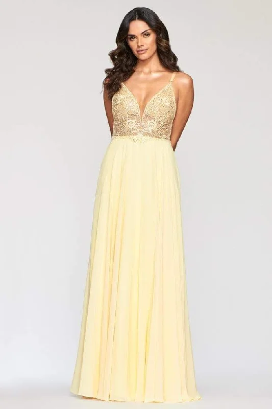 Lace - trimmed wedding guest dresses in blush pinkFaviana - S10431 Embroidered Plunging Sheer Bodice High Slit Dress Lace - trimmed wedding guest dresses in blush pinkFaviana - S10431 Embroidered Plunging Sheer Bodice High Slit Dress