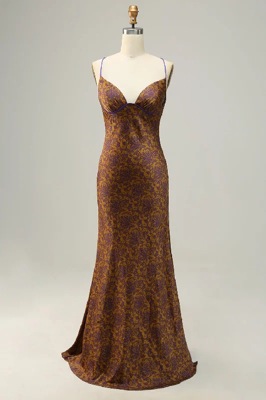 Animal - print wedding guest dresses in subtle colors for a bold statementFlower Printed Brown Long Bridesmaid Dress Animal - print wedding guest dresses in subtle colors for a bold statementFlower Printed Brown Long Bridesmaid Dress