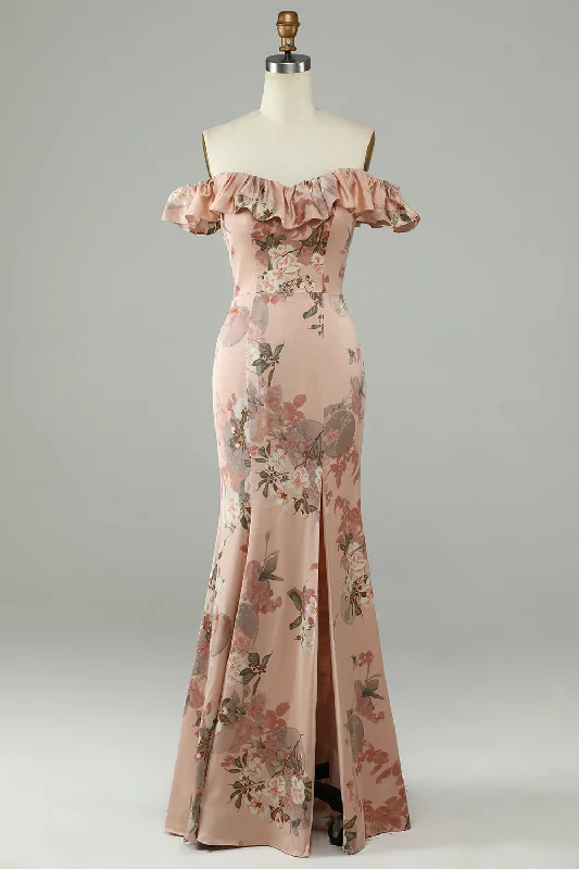 Ribbed - texture wedding guest dresses in neutral colorsFlower Printed Off The Shoudler Blush Long Bridesmaid Dress with Slit Ribbed - texture wedding guest dresses in neutral colorsFlower Printed Off The Shoudler Blush Long Bridesmaid Dress with Slit