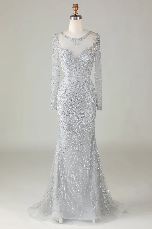 Metallic cocktail dresses with a halter neck for a glamorous occasionGorgeous Sparkly Grey Beaded Mermaid Long Prom Dress Metallic cocktail dresses with a halter neck for a glamorous occasionGorgeous Sparkly Grey Beaded Mermaid Long Prom Dress