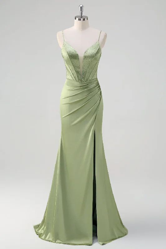 A - line cocktail dresses with floral embroidery for spring partiesGreen Mermaid Spaghetti Straps Corset Long Beaded Prom Dress With Slit A - line cocktail dresses with floral embroidery for spring partiesGreen Mermaid Spaghetti Straps Corset Long Beaded Prom Dress With Slit