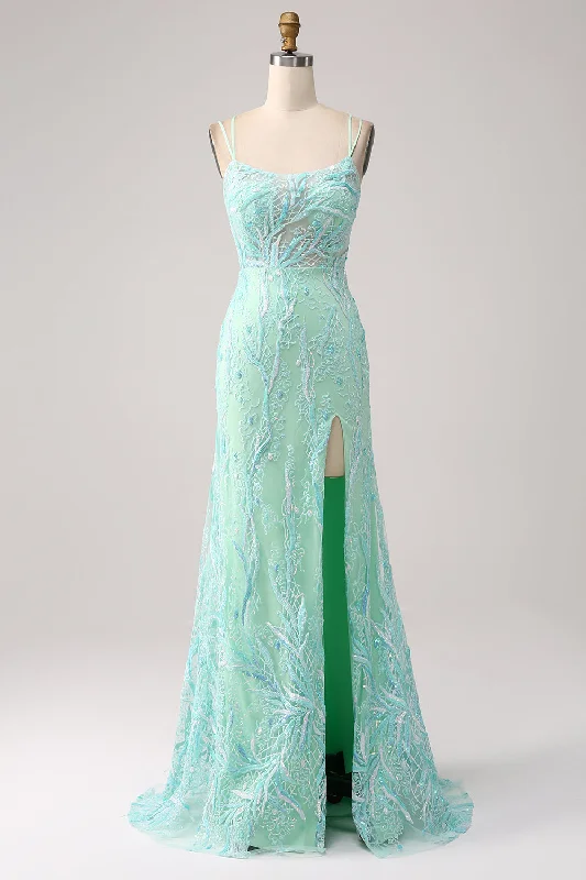 Cocktail dresses with a patchwork pattern and a mid - thigh lengthGreen Mermaid Spaghetti Straps Sequins Long Prom Dress with Slit Cocktail dresses with a patchwork pattern and a mid - thigh lengthGreen Mermaid Spaghetti Straps Sequins Long Prom Dress with Slit