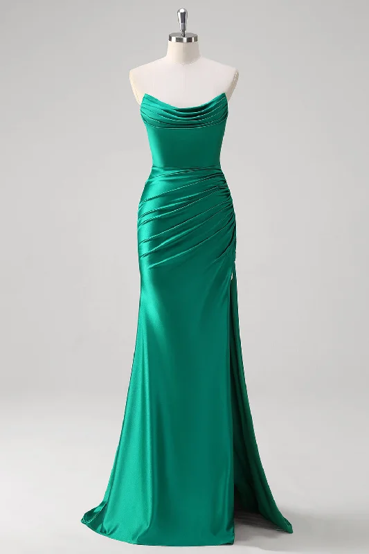 Asymmetric - hem cocktail dresses in a bold color for a fashion - forward lookGreen Mermaid Strapless Satin Ruched Long Prom Dress with Slit Asymmetric - hem cocktail dresses in a bold color for a fashion - forward lookGreen Mermaid Strapless Satin Ruched Long Prom Dress with Slit