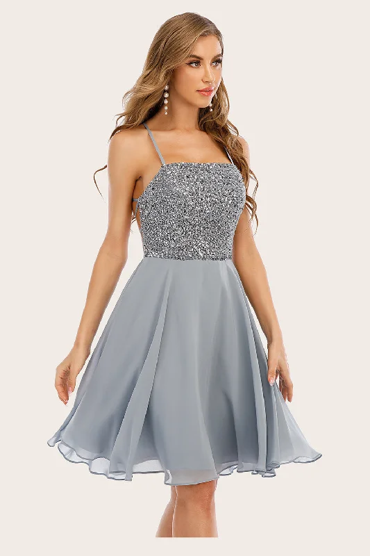 Plaid cocktail dresses with a flared skirt for a classic feelGrey Beaded Short Homecoming Dress Plaid cocktail dresses with a flared skirt for a classic feelGrey Beaded Short Homecoming Dress