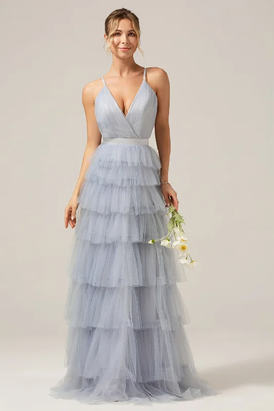Asymmetric - hem cocktail dresses in a bold color for a fashion - forward lookGrey Blue A Line Tiered Tulle Prom Dress Asymmetric - hem cocktail dresses in a bold color for a fashion - forward lookGrey Blue A Line Tiered Tulle Prom Dress