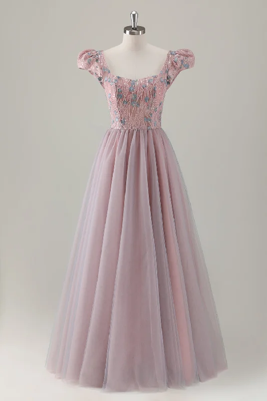 Satin cocktail dresses with a high - low hem for a modern touchGrey Pink Floral A-Line Long Prom Dress with Short Sleeves Satin cocktail dresses with a high - low hem for a modern touchGrey Pink Floral A-Line Long Prom Dress with Short Sleeves