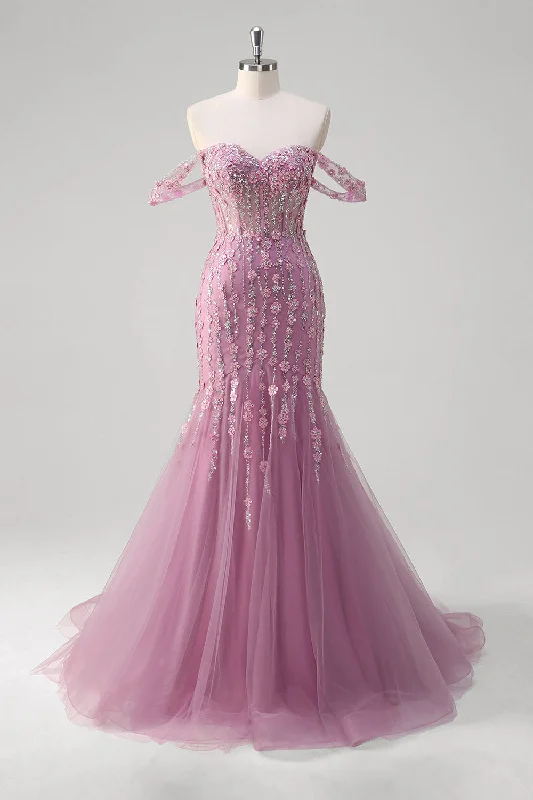 Satin - lined cocktail dresses with a lace outer layerGrey Purple Mermaid Off The Shoulder Appliqued Corset Long Prom Dress With Tulle Satin - lined cocktail dresses with a lace outer layerGrey Purple Mermaid Off The Shoulder Appliqued Corset Long Prom Dress With Tulle