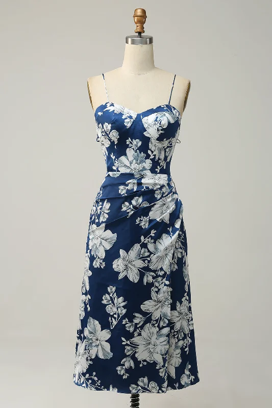 Sheer wedding guest dresses with lace inserts and long sleevesInk Blue Floral Tea-Length Bridesmaid Dress Sheer wedding guest dresses with lace inserts and long sleevesInk Blue Floral Tea-Length Bridesmaid Dress