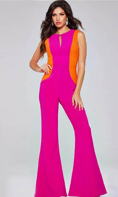 Velvet - trimmed wedding guest dresses in burgundy for a formal eventJovani 42801 - Sleeveless Jewel Neck Jumpsuit