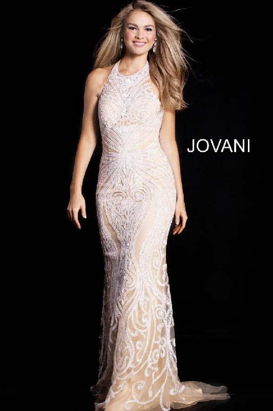 Sheath - style wedding guest dresses with lace overlaysJovani 49249 Halter Embroidered Long Prom Dress Sheath - style wedding guest dresses with lace overlaysJovani 49249 Halter Embroidered Long Prom Dress
