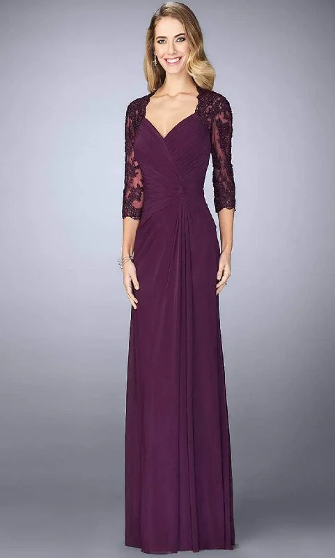 Geometric - printed wedding guest dresses for a modern weddingLa Femme - 23244 Ruched V-Neck Column Dress Geometric - printed wedding guest dresses for a modern weddingLa Femme - 23244 Ruched V-Neck Column Dress