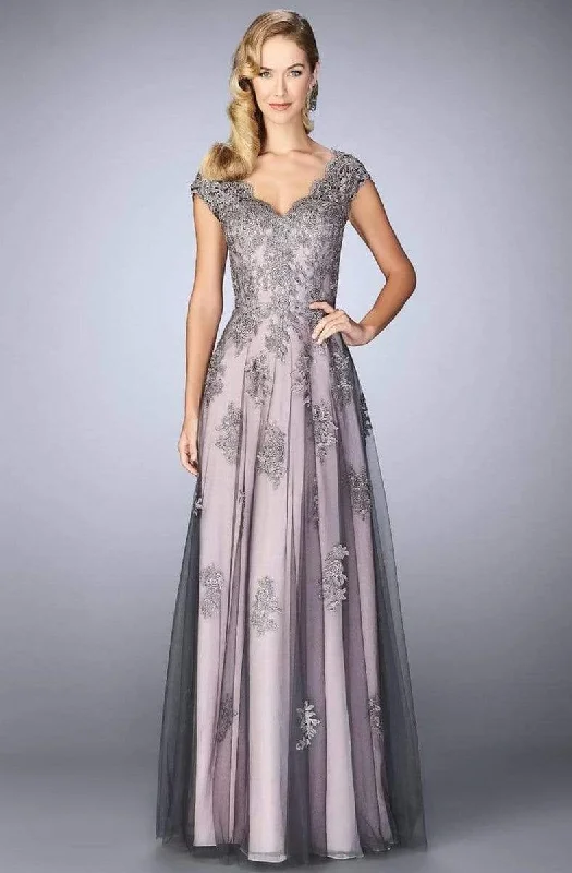 Satin wedding guest dresses with side slits for a sexy touchLa Femme - 23449 Two Tone Lace Evening Gown