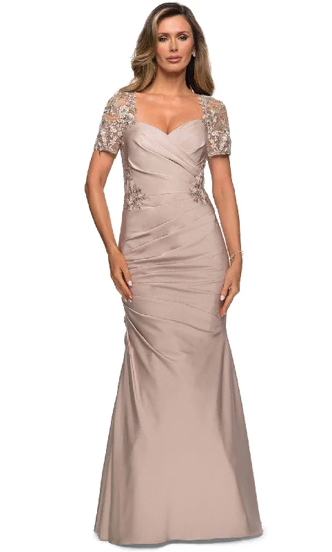 Metallic wedding guest dresses for a glamorous weddingLa Femme - 27989 Applique V Neck Trumpet Dress Metallic wedding guest dresses for a glamorous weddingLa Femme - 27989 Applique V Neck Trumpet Dress