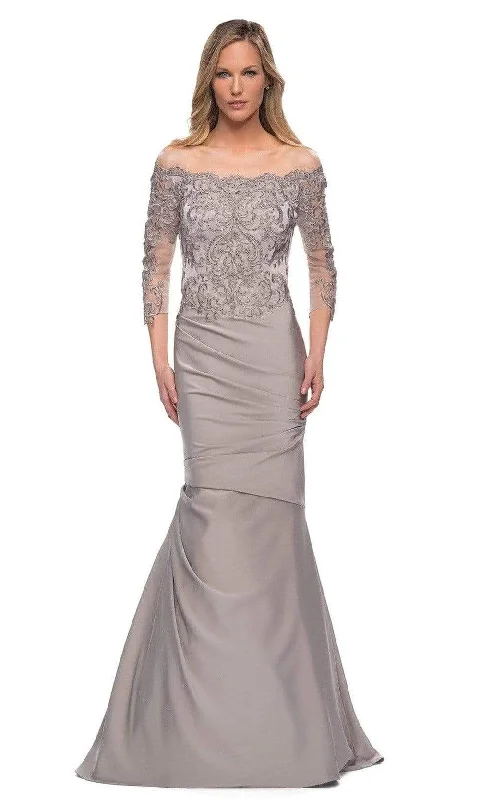 Tea - length wedding guest dresses with polka dot patternsLa Femme - 29324 Off Shoulder Trumpet Evening Dress Tea - length wedding guest dresses with polka dot patternsLa Femme - 29324 Off Shoulder Trumpet Evening Dress