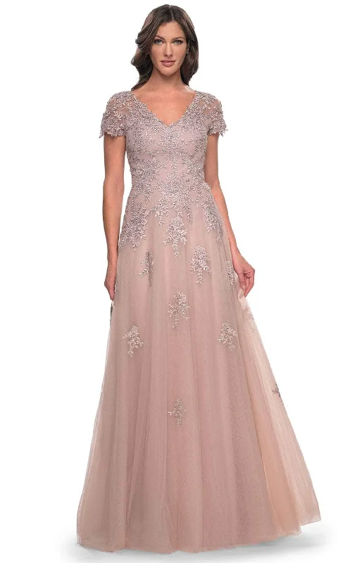 Wedding guest dresses with cold - shoulder ruffled sleeves and knee - length hemsLa Femme 30228 - V-Neck Floral Formal Dress Wedding guest dresses with cold - shoulder ruffled sleeves and knee - length hemsLa Femme 30228 - V-Neck Floral Formal Dress