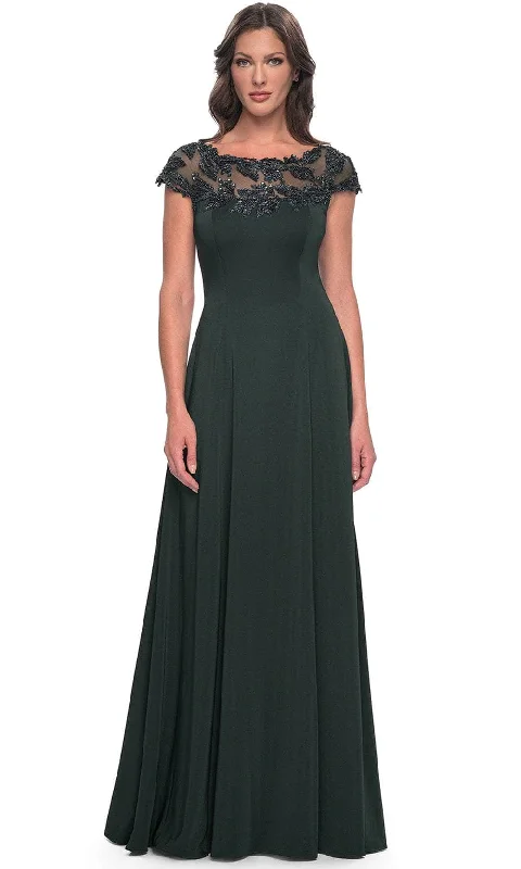 Bow - backed wedding guest dresses in silk for a luxurious feelLa Femme 31195 - Cap Sleeve Applique Evening Dress Bow - backed wedding guest dresses in silk for a luxurious feelLa Femme 31195 - Cap Sleeve Applique Evening Dress