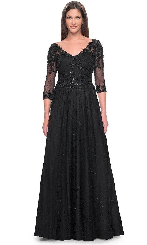 Ribbed - texture wedding guest dresses in neutral colorsLa Femme 31776 - Embroidered V-Neck Evening Dress Ribbed - texture wedding guest dresses in neutral colorsLa Femme 31776 - Embroidered V-Neck Evening Dress