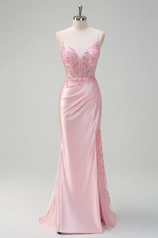 Ruffled cocktail dresses with a knee - length hem for a feminine appealSparkly Sequins Light Pink Mermaid Ruched Corset Prom Dress with Slit Ruffled cocktail dresses with a knee - length hem for a feminine appealSparkly Sequins Light Pink Mermaid Ruched Corset Prom Dress with Slit