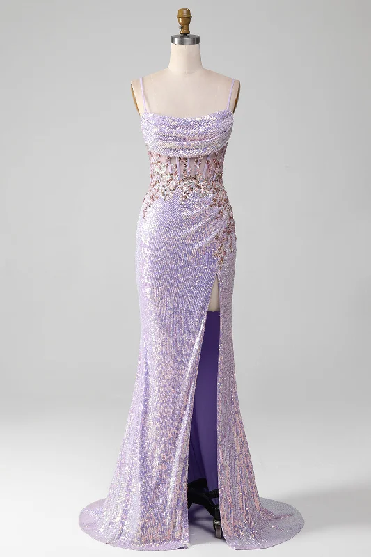 Sleeveless cocktail dresses in a silk - blend fabric for a luxurious feelLilac Sparkly Spaghetti Straps Mermaid Prom Dress with Slit Sleeveless cocktail dresses in a silk - blend fabric for a luxurious feelLilac Sparkly Spaghetti Straps Mermaid Prom Dress with Slit