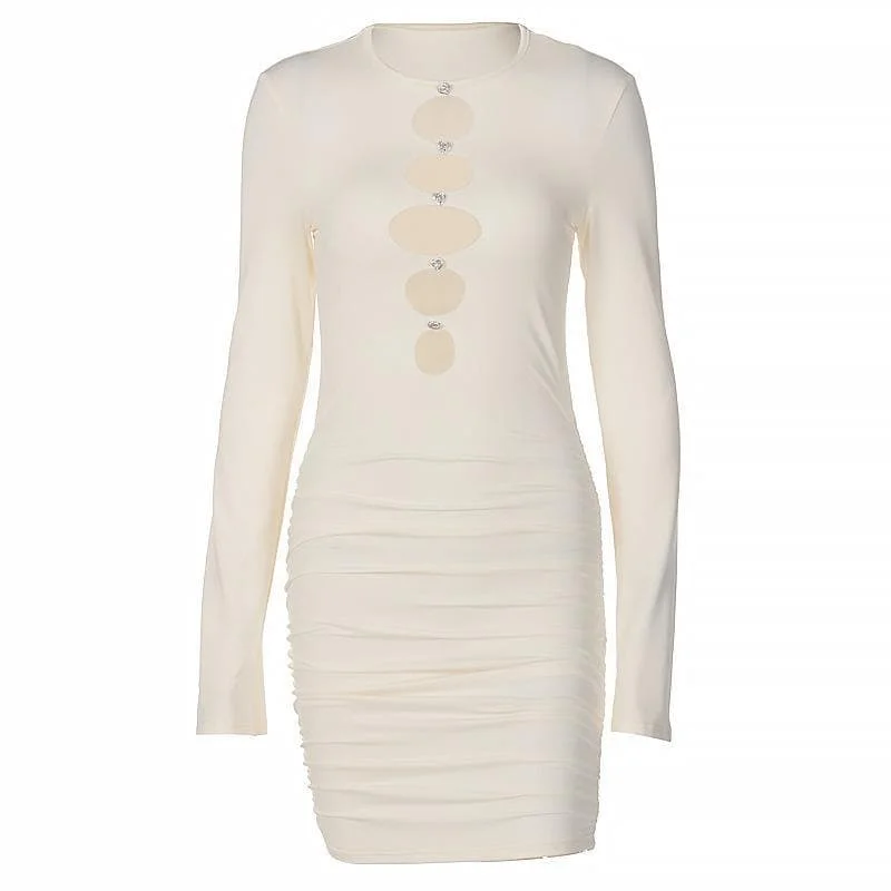Satin - lined cocktail dresses with a lace outer layerBerryBetty - Long sleeve hollow out buttoned solid ruched dress - Final Sale Satin - lined cocktail dresses with a lace outer layerBerryBetty - Long sleeve hollow out buttoned solid ruched dress - Final Sale