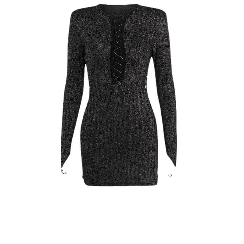 Cocktail dresses with a mesh panel and a high - neck designBerryBetty - Long sleeve hollow out lace up gloves textured mini dress - Final Sale Cocktail dresses with a mesh panel and a high - neck designBerryBetty - Long sleeve hollow out lace up gloves textured mini dress - Final Sale