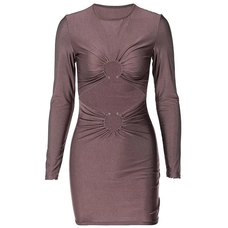 Cocktail dresses with an abstract print and a high - low hemlineBerryBetty - Long sleeve solid ruched o ring hollow out mini dress Cocktail dresses with an abstract print and a high - low hemlineBerryBetty - Long sleeve solid ruched o ring hollow out mini dress