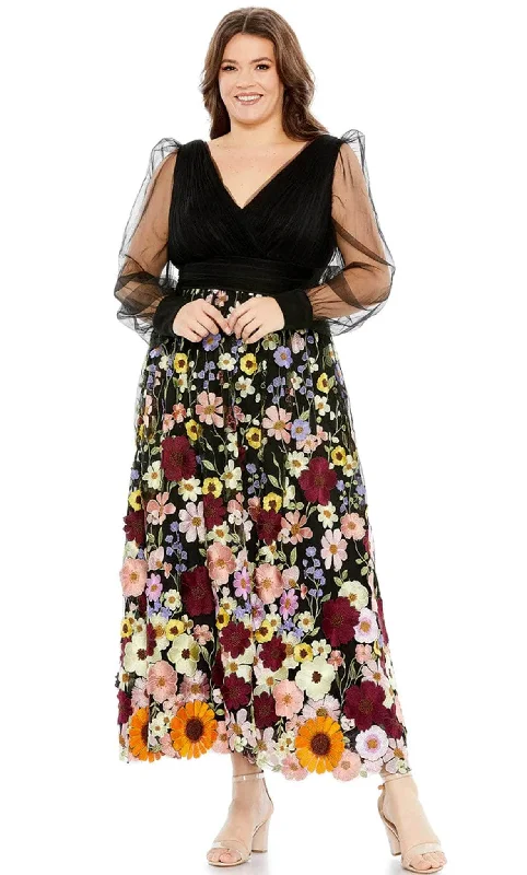 Sheer wedding guest dresses with lace inserts and long sleevesMac Duggal 68205 - Tea Length Floral Embroidered Dress Sheer wedding guest dresses with lace inserts and long sleevesMac Duggal 68205 - Tea Length Floral Embroidered Dress