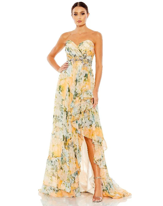 Maxi wedding guest dresses with floral prints for summer weddingsMac Duggal 68117 High Low Floral Print Prom Gown Maxi wedding guest dresses with floral prints for summer weddingsMac Duggal 68117 High Low Floral Print Prom Gown