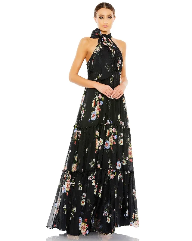Bow - backed wedding guest dresses in silk for a luxurious feelMac Duggal 55814 Long Floral Halter Formal Dress Bow - backed wedding guest dresses in silk for a luxurious feelMac Duggal 55814 Long Floral Halter Formal Dress