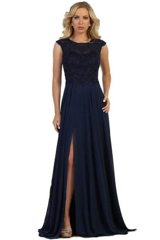Off - the - shoulder wedding guest dresses in chiffonMay Queen - MQ1563 Scallop Lace Illusion High Slit Chiffon Gown Off - the - shoulder wedding guest dresses in chiffonMay Queen - MQ1563 Scallop Lace Illusion High Slit Chiffon Gown