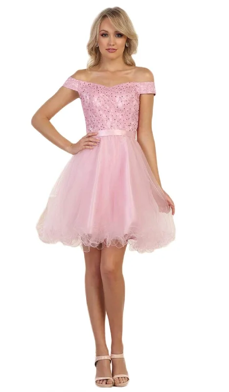Metallic cocktail dresses with a halter neck for a glamorous occasionMay Queen - MQ1565 Off Shoulder Beaded Tulle Cocktail Dress