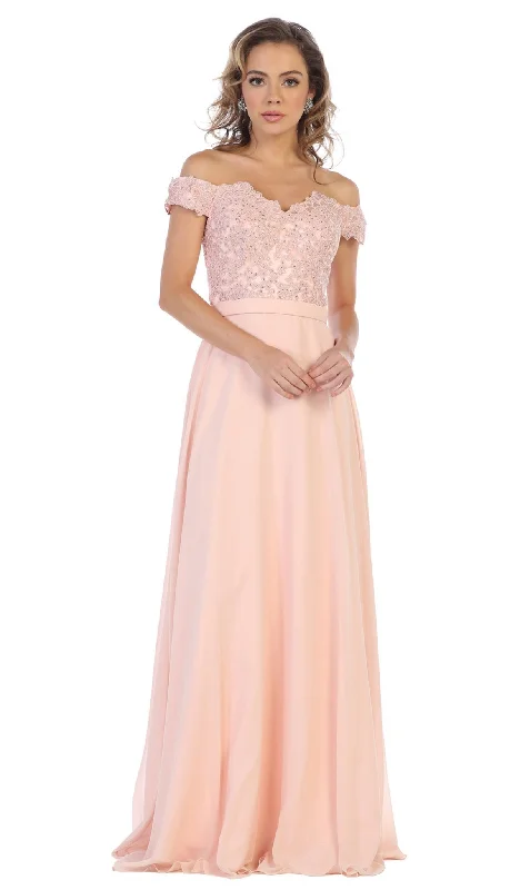 Wedding guest dresses with pom - pom trims for a playful lookMay Queen - MQ1601B Applique Off-Shoulder A-line Gown Wedding guest dresses with pom - pom trims for a playful lookMay Queen - MQ1601B Applique Off-Shoulder A-line Gown