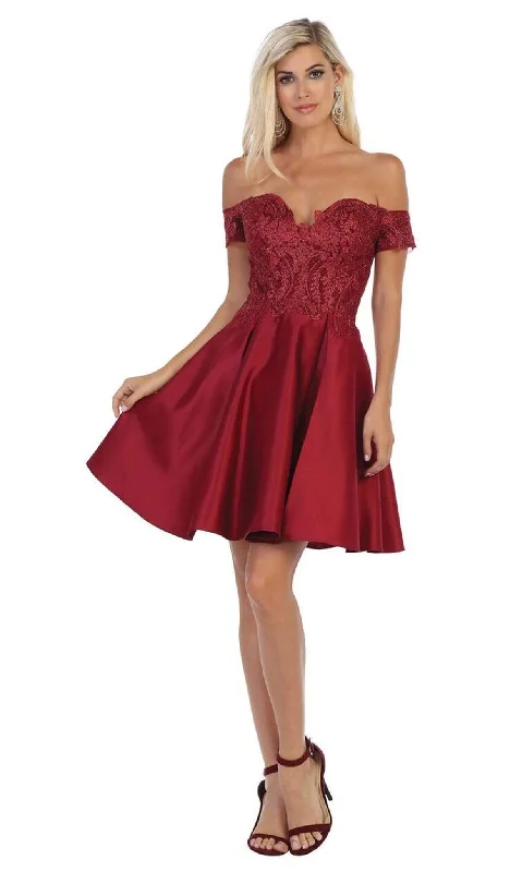 Printed cocktail dresses with geometric patterns for a contemporary aestheticMay Queen - MQ1634 Embellished Plunging Off-Shoulder A-line Dress Printed cocktail dresses with geometric patterns for a contemporary aestheticMay Queen - MQ1634 Embellished Plunging Off-Shoulder A-line Dress