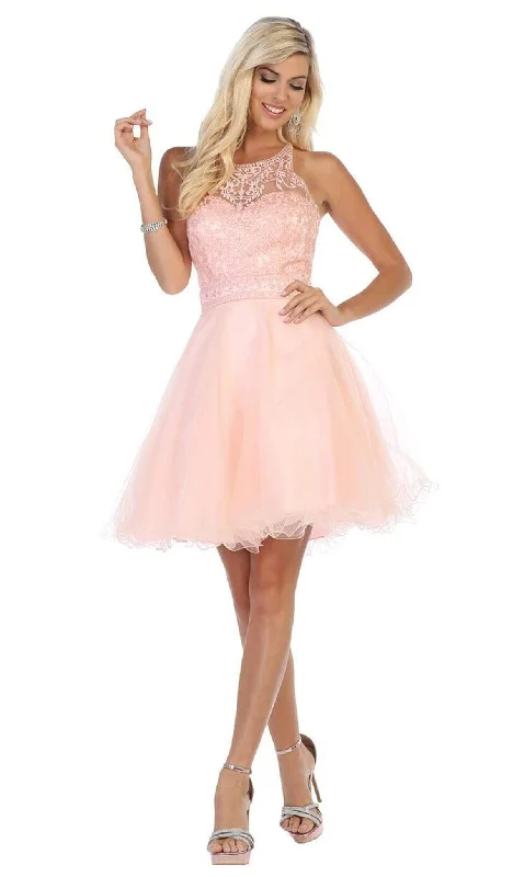 Cocktail dresses with a tiered skirt and a bow at the waistMay Queen - MQ1658 Lace Applique Illusion Scoop Neck Cocktail Dress