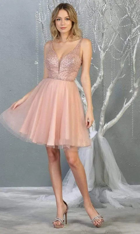 Satin - lined cocktail dresses with a lace outer layerMay Queen - MQ1797 Embellished Deep V-neck A-line Dress Satin - lined cocktail dresses with a lace outer layerMay Queen - MQ1797 Embellished Deep V-neck A-line Dress