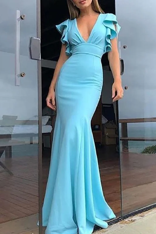 Mermaid Deep V-Neck Blue Long Bridesmaid Dress with Ruffles Sleeves