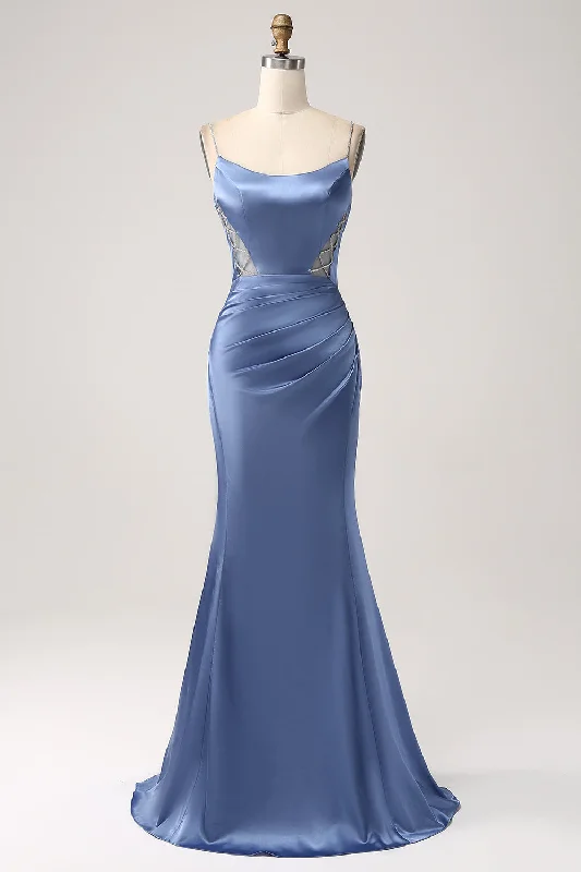 Sheer cocktail dresses with a lining and a short hemMermaid Grey Blue Satin Spaghetti Straps Long Prom Dress Sheer cocktail dresses with a lining and a short hemMermaid Grey Blue Satin Spaghetti Straps Long Prom Dress